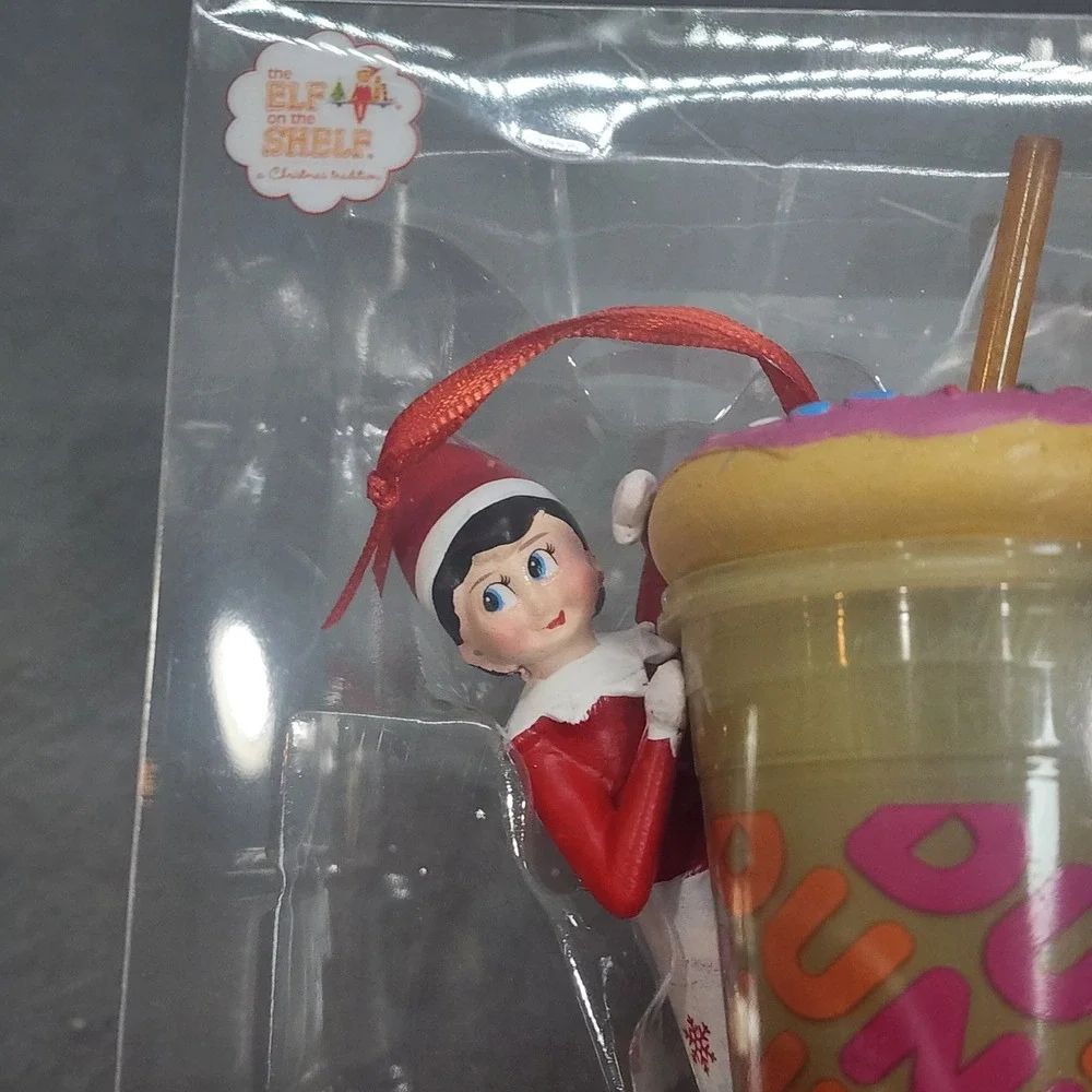 Elf‎ on the Shelf Dunkin Iced Coffee Donut Ornament Red Tan 2021 NEW